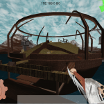 A screenshot of the first level from the deck of the Imperial Ship with the Blunderbuss and an extra 50 health from a health pickup