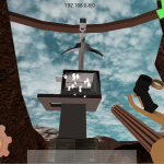 A screenshot of the first level from the central island firing the Gattling Gun up at the Crane
