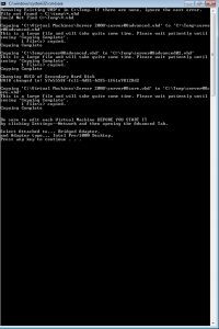 A screenshot of the operation of the VM Copying Batch Script I wrote to facilitate my Network Admin Certificate at TAFE. Fetching the requested number of copies of of the requested machines from their home on the local network and doig various housekeeping tasks automatically.